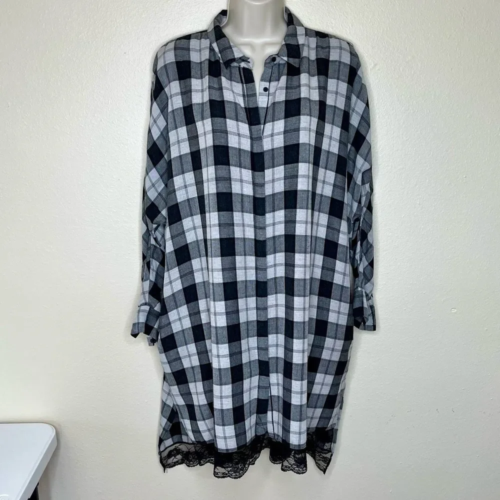 Zara Trafaluc Collection Plaid Lace Dolman Sleeve Black White Shirt Dress Large